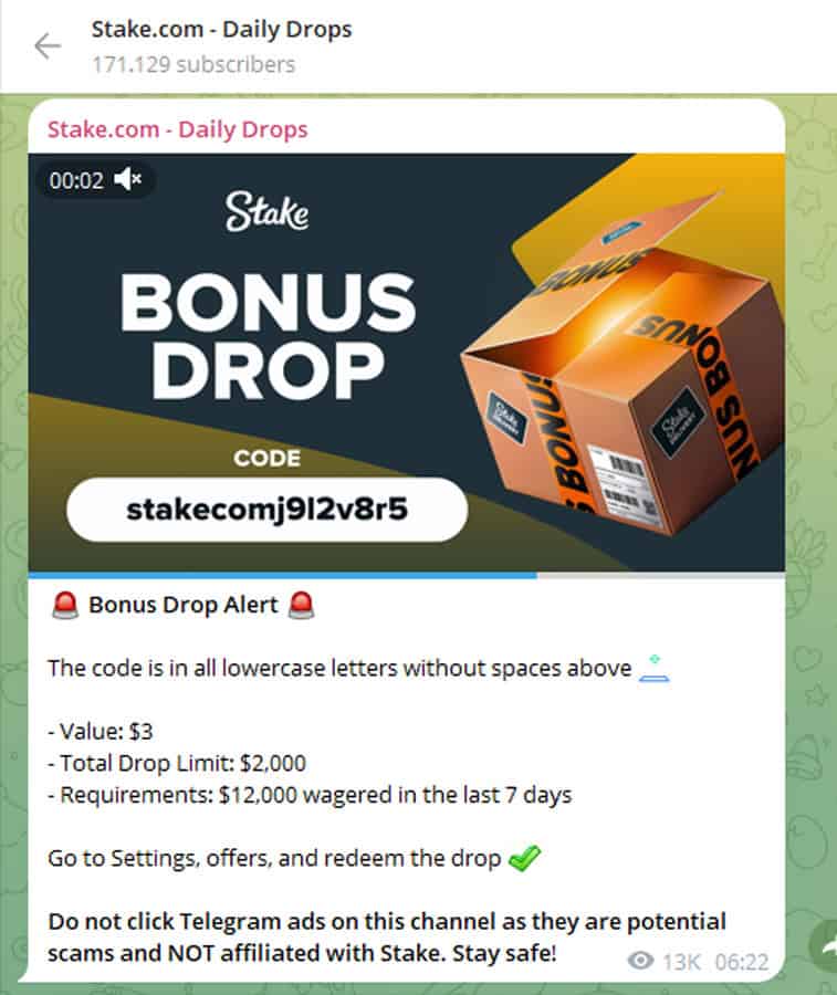 Screenshot of the official Stake Telegram channel showing a Bonus Drop post with the code &ldquo;stakecomj9l2v8r5&rdquo; and instructions to redeem it on Stake, warning users about fake Telegram ads.