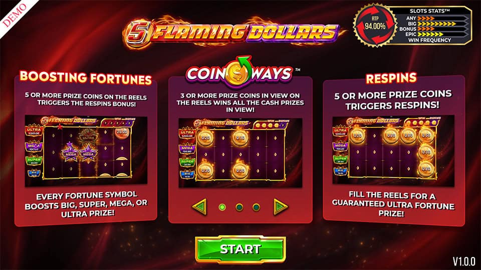 Intro screen with Boosting Fortunes, CoinWays and Respins features explained using visual panels.