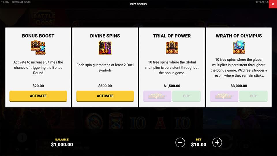 Bonus Buy menu with options like Bonus Boost, Divine Spins and Wrath of Olympus featuring Duel mechanics.