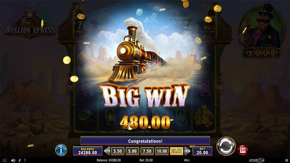 “Big Win” banner with a steam locomotive bursting through dust clouds, surrounded by falling gold coins.