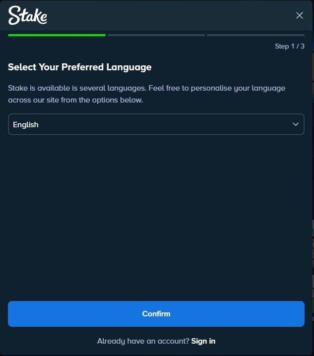 Screenshot of the Stake signup process showing Step 1 where users select their preferred language before confirming and creating an account.