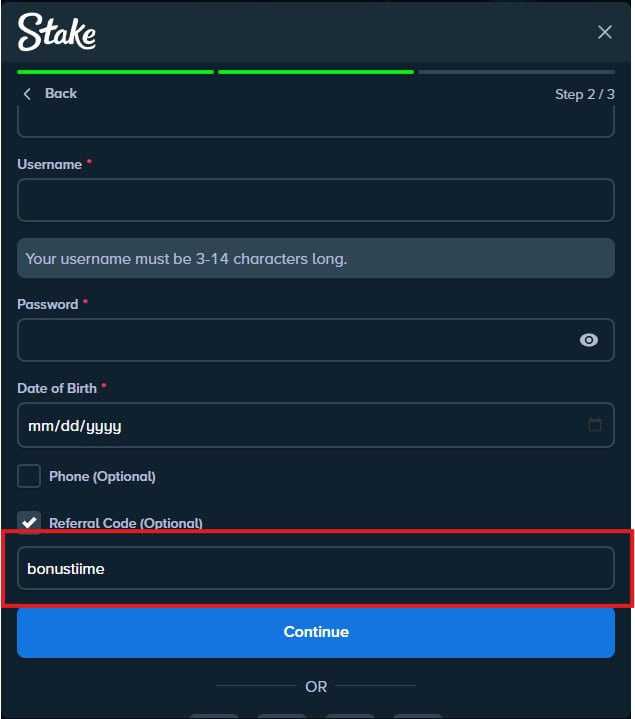 Screenshot of the Stake registration form showing where to enter the referral code &ldquo;bonustiime&rdquo; in the optional field before continuing the signup process.