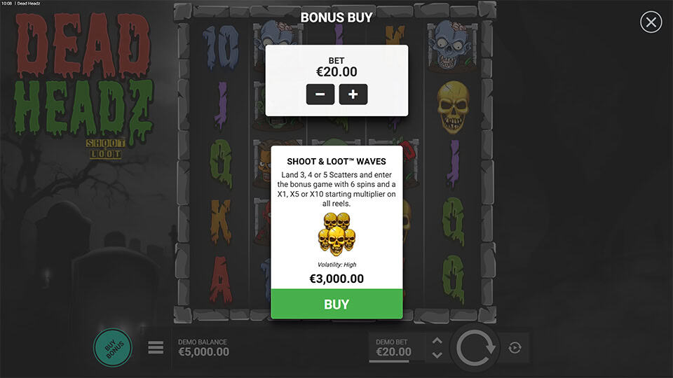 Bonus buy menu offering &ldquo;Shoot & Loot Waves&rdquo; feature with starting multipliers and entry cost, displayed over base game reels.