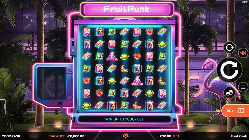 Vertical reel layout with fruit, bar and scatter symbols in a cyberpunk setting, framed by neon-lit controls.