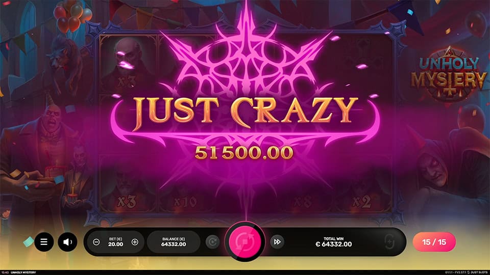 &ldquo;Just Crazy&rdquo; banner in jagged pink letters with glowing effect, overlaying a win scene with eerie party-goers and gothic decorations.