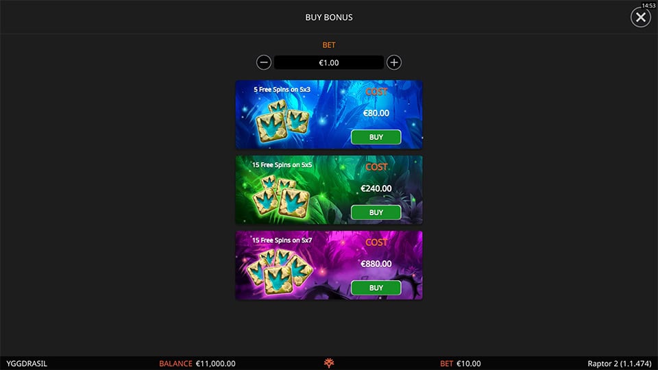 Bonus buy screen in Raptor 2 slot offering three free spin modes with varying reel sizes and bet levels, each with increasing volatility.