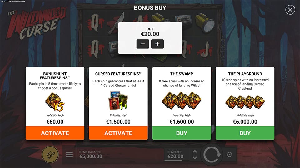 Bonus buy menu displaying different feature buy choices, including guaranteed cursed clusters, free spins variations and enhanced bonus chances.