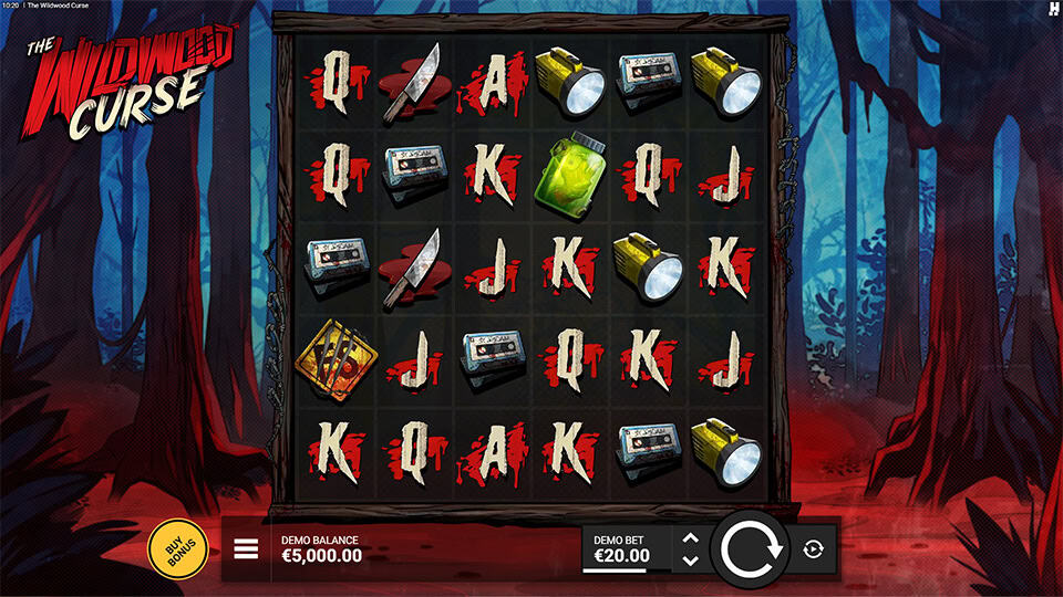Main game screen with reels featuring knives, radios, flashlights and cursed objects in a blood-red forest.