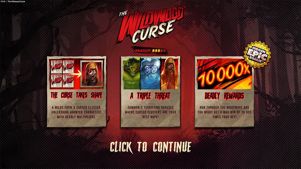 Intro screen with The Wildwood Curse logo and explanations of key features: Cursed Wild clusters, three monster bonuses and deadly reward potential.