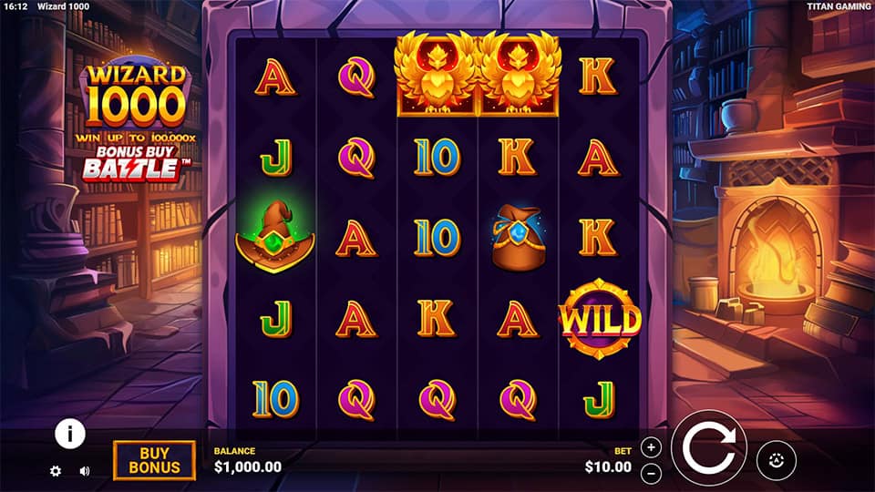 Main reels of Wizard 1000 slot featuring hats, potion bags, phoenix iconsand wild symbols inside a wizard’s study with fireplace.