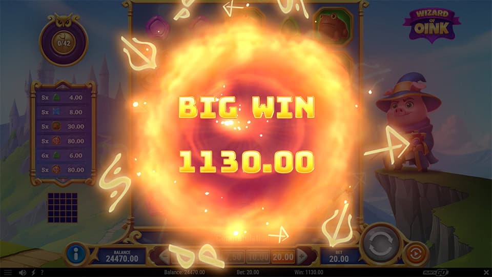 Fiery magical explosion with &ldquo;Big Win&rdquo; text in golden letters, surrounded by glowing runes and spell effects.