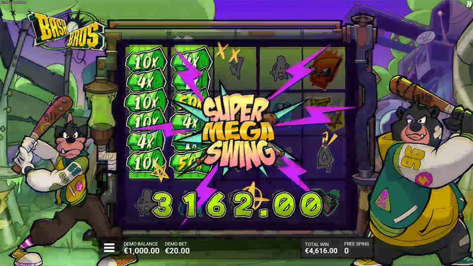 Big win screen showing &ldquo;Super Mega Swing&rdquo; in purple comic text with multipliers stacked on the reels and the two Bash Bros characters on each side.