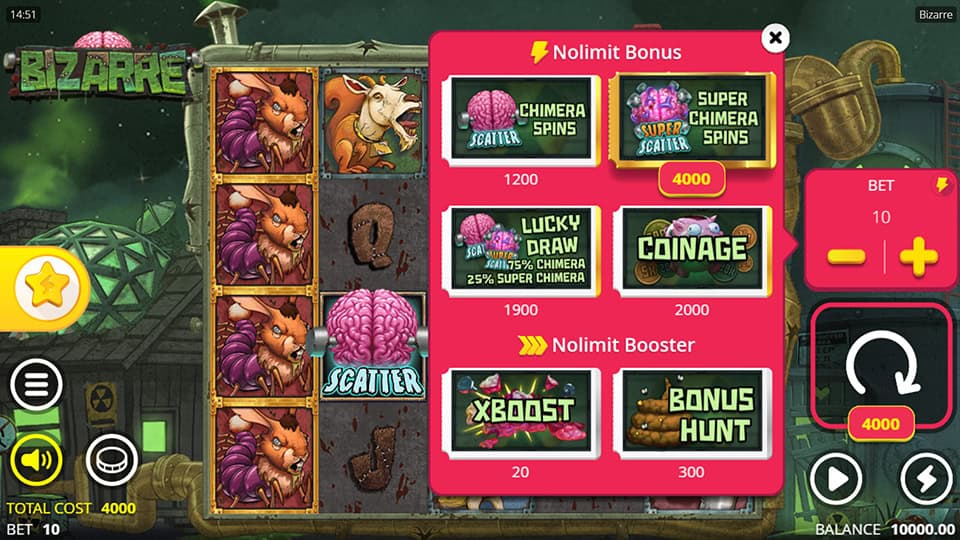 Bizarre slot&rsquo;s bonus buy menu showing various options such as Chimera Spins, Super Chimera Spins, and boosters like XBoost and Bonus Hunt.