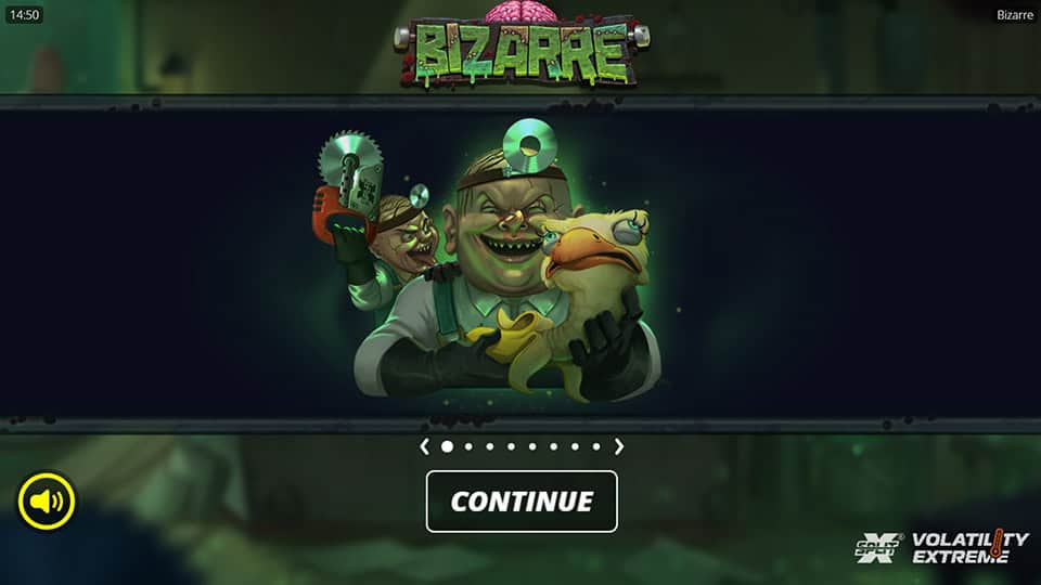 Bizarre slot intro screen featuring a twisted scientist holding a duck and a buzzsaw, with the game&rsquo;s logo above.