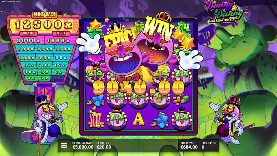 Donny and Danny slot showing a screen filled with animated characters celebrating a win, with "EPIC WIN" in bold letters over a colorful payout.