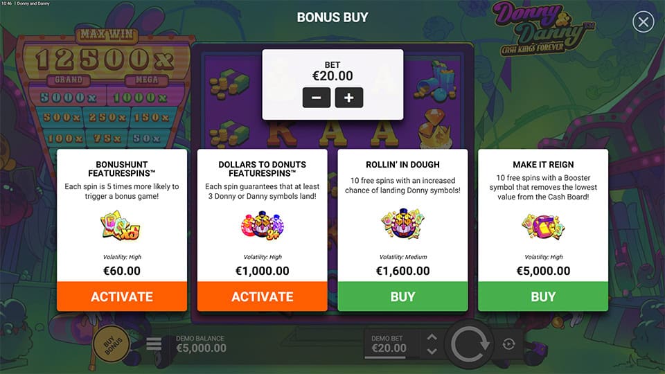 Donny and Danny bonus buy menu featuring four options like "Bonushunt Featurespins" and "Make It Reign", each with descriptions and volatility tags.