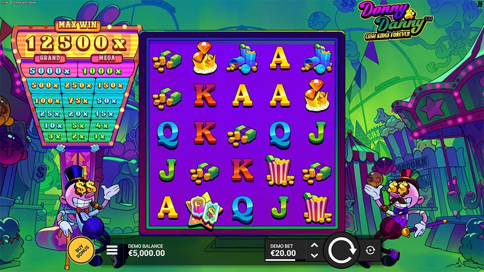 Donny and Danny base game view with colorful symbols like crowns, popcorn, and dollar stacks, alongside a max win board on the left.