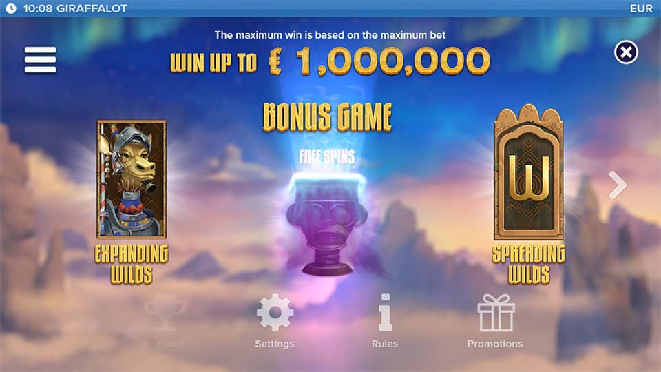 Giraffalot infos screen highlighting expanding wilds, spreading wilds and free spins bonus.