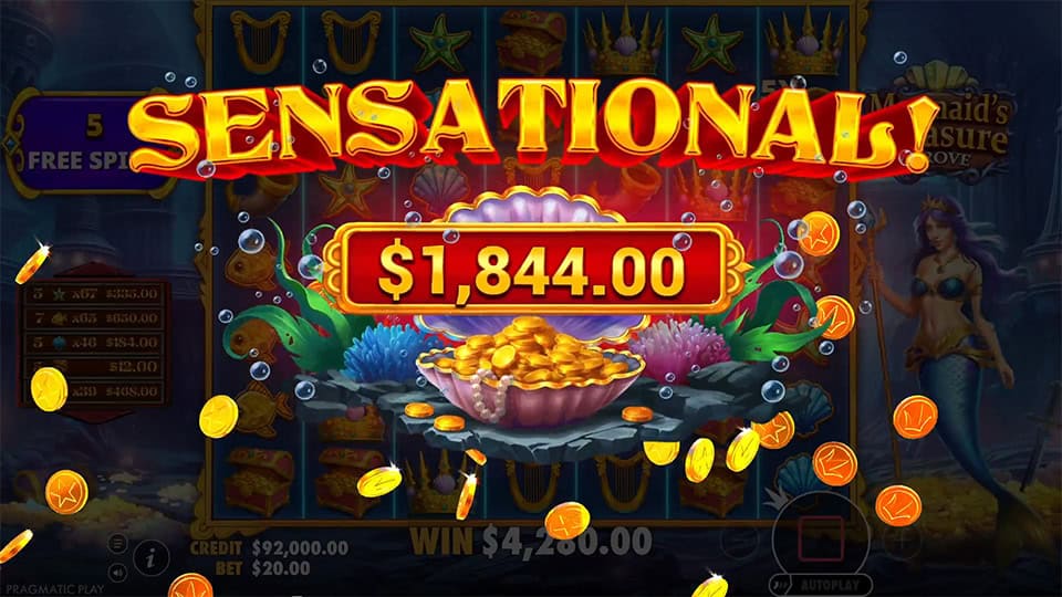 Sensational Win banner with golden coins bursting out of a seashell chest in an underwater setting.