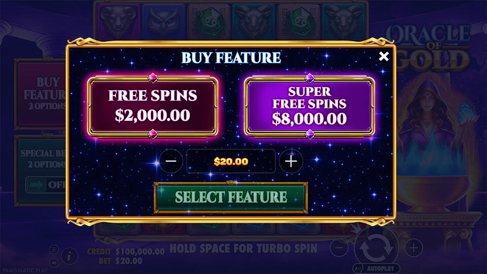 Oracle of Gold feature buy screen showing Free Spins and Super Free Spins selection options.