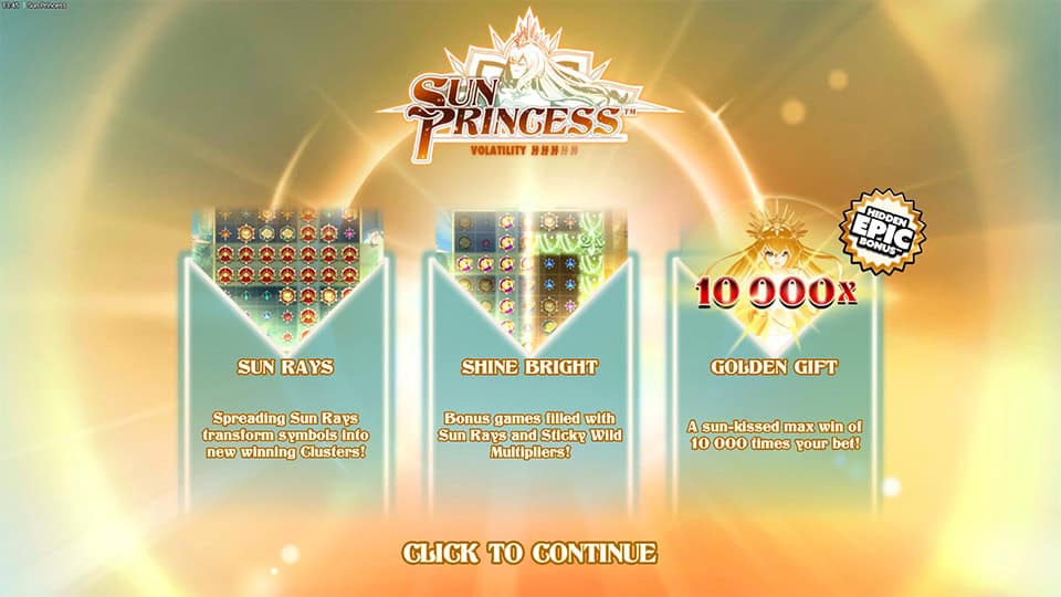 Intro screen presenting Sun Princess features: Sun Rays transforming symbols, Shine Bright free spins with Sticky Wild Multipliers and max win potential highlighted in radiant golden light.