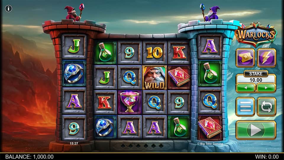 Base gameplay screen of Warlocks slot showing split fire and ice towers, magical symbols, and dual wizards on each side.