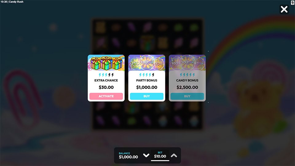 Candy Dash buy menu offering Extra Chance and bonus game purchase options with lightning icons.