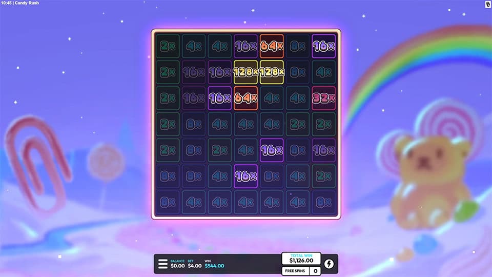 Candy Dash feature showing multipliers on grid tiles, including glowing x64 and x128 values in the bonus round.
