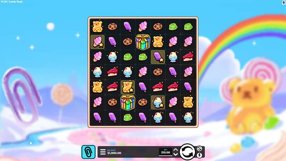 Candy Dash base game with colorful candies, gummy bears, cupcakes, and sweets on a vibrant grid.
