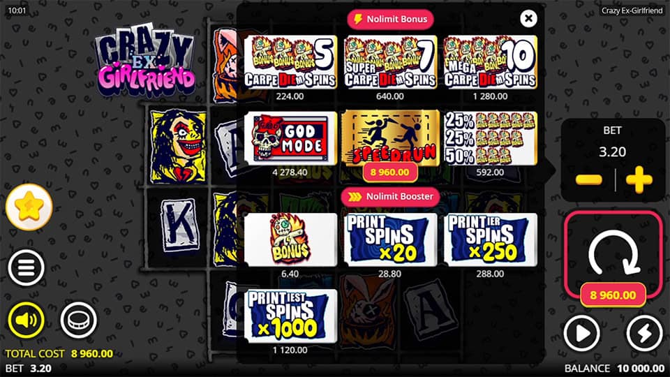 Bonus buy menu with options like Speedrun, God Mode, and Printer Spins.