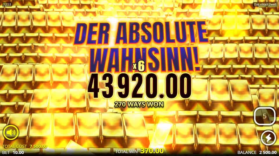Massive win screen in Das xBoot Zwei! slot with golden bars in the background and bold “Der Absolute Wahnsinn!” text overlay.