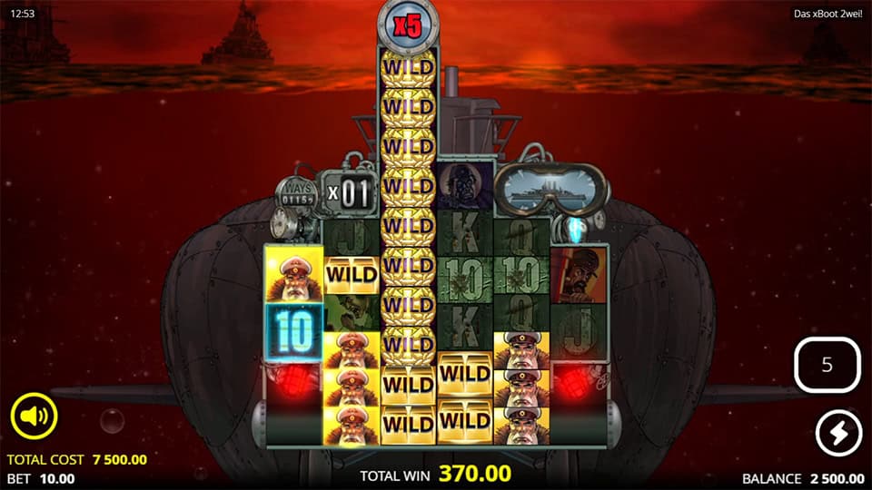 Target bonus round in Das xBoot Zwei! slot with vertical wild reel, x5 multiplier, and stacked character symbols on a submarine backdrop.
