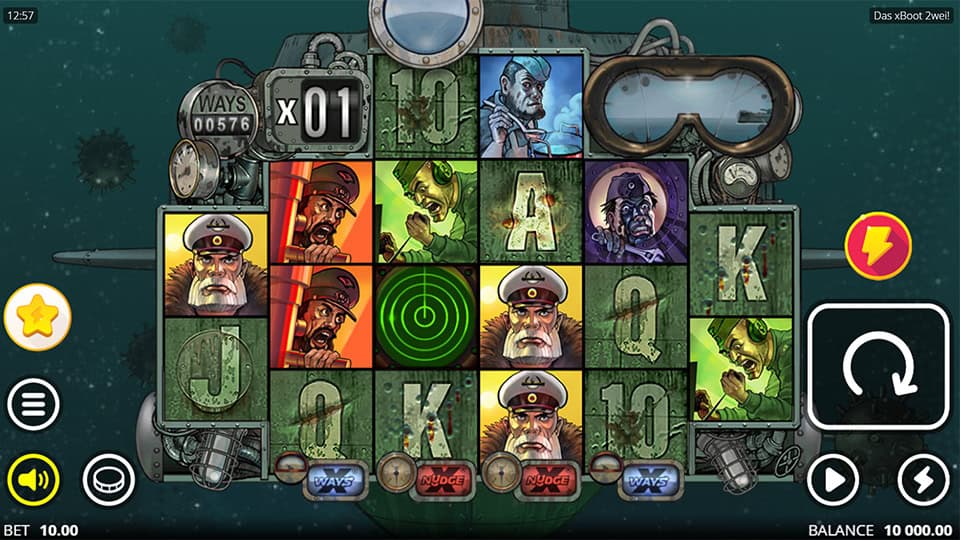 Base gameplay of Das xBoot Zwei! slot showing submarine crew symbols, sonar pings, and multipliers within a steel-clad interface.