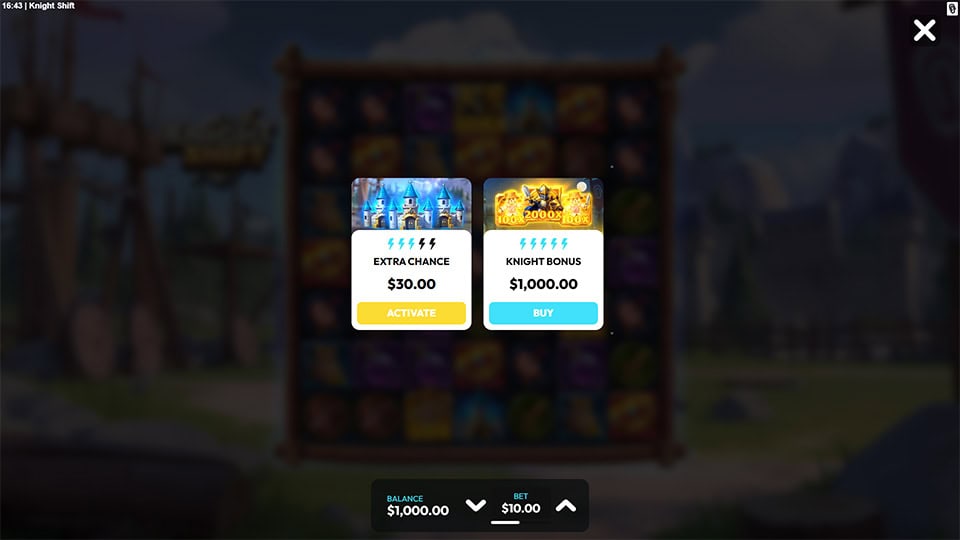 Knight Shift bonus buy screen offering Extra Chance and Knight Bonus options, each with different volatility levels.