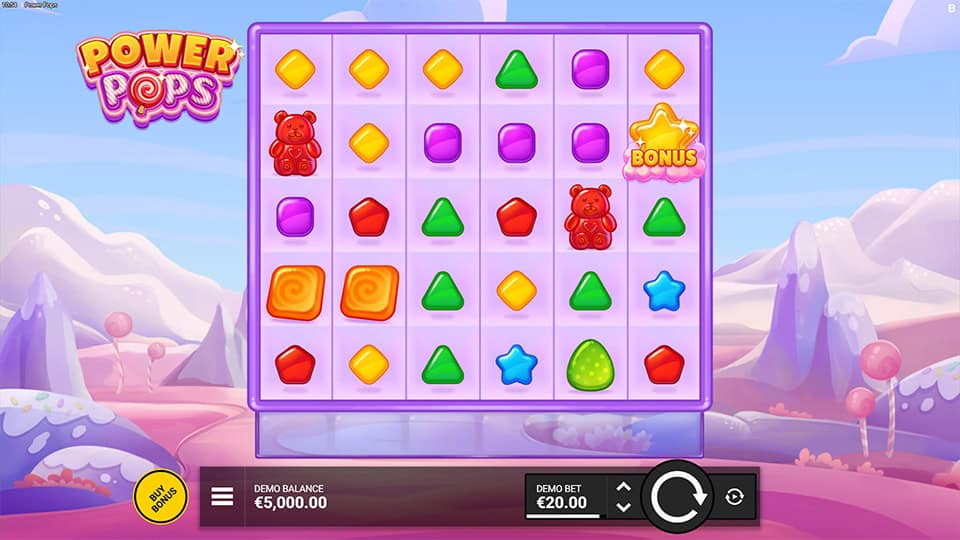 Base gameplay screen of Power Pops slot showing colorful candy symbols and bonus stars on a vibrant pastel grid.