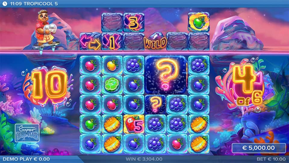 Tropicool 5 bonus gameplay with glowing mystery symbols in the center reel, surrounded by fruit and wild symbols.