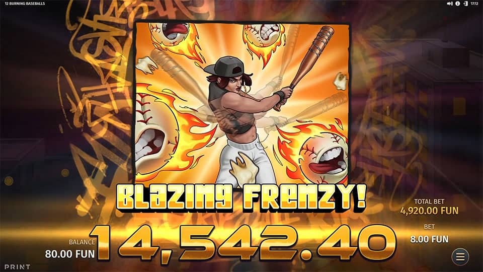 Blazing Frenzy win screen with female batter swinging surrounded by flaming baseballs and a glowing win display.