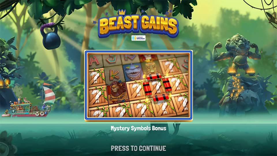 Welcome screen showing a preview of the Mystery Symbols Bonus, with wooden crates marked by question marks and dynamite overlays.