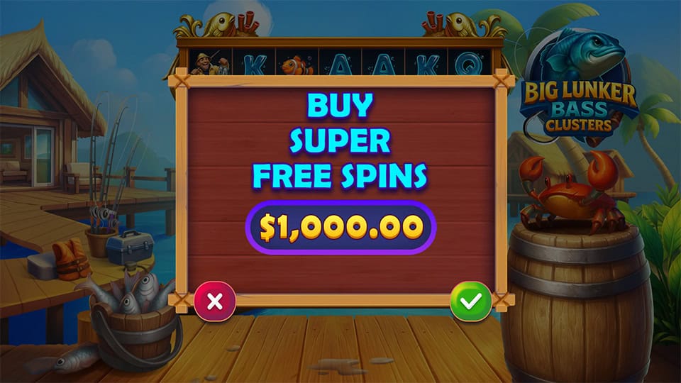 Super Free Spins buy prompt in Big Lunker Bass Clusters with large glowing blue text on wooden board.