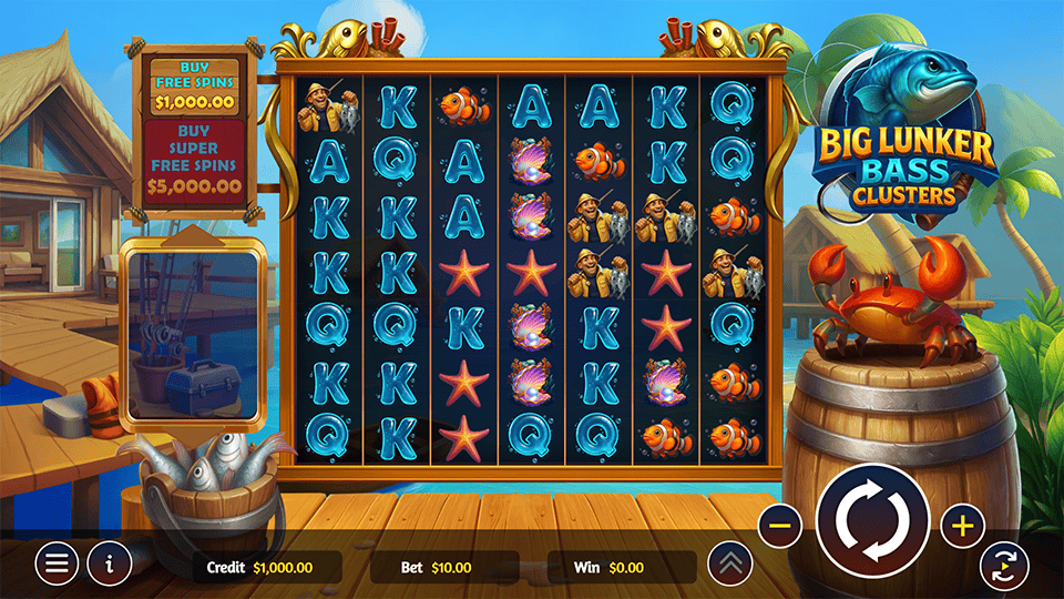 Base game screen of Big Lunker Bass Clusters with ocean-themed symbols like starfish, divers, and clownfish on tall reels.