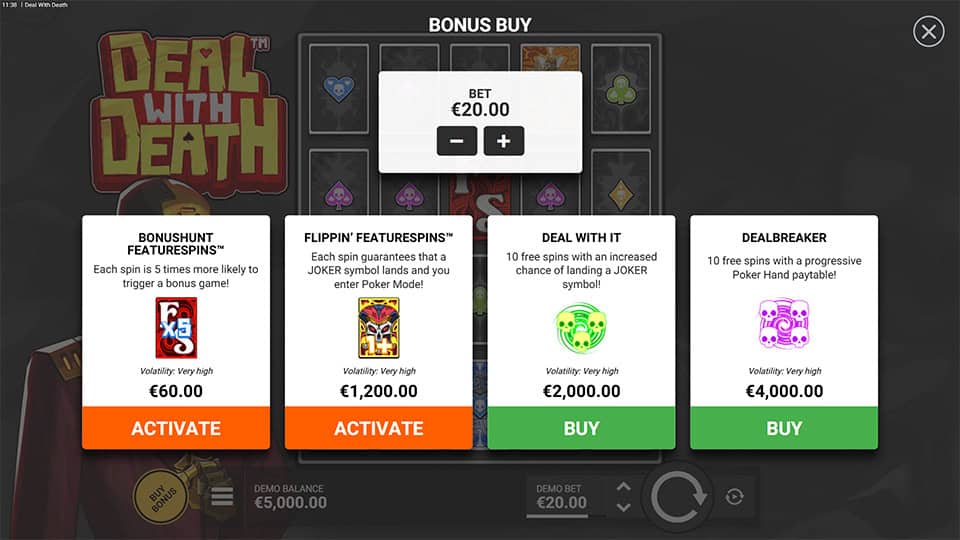 Bonus buy menu in Deal With Death slot showing four modes including Bonushunt, Flippin&rsquo; Featurespins, Deal With It, and Dealbreaker.