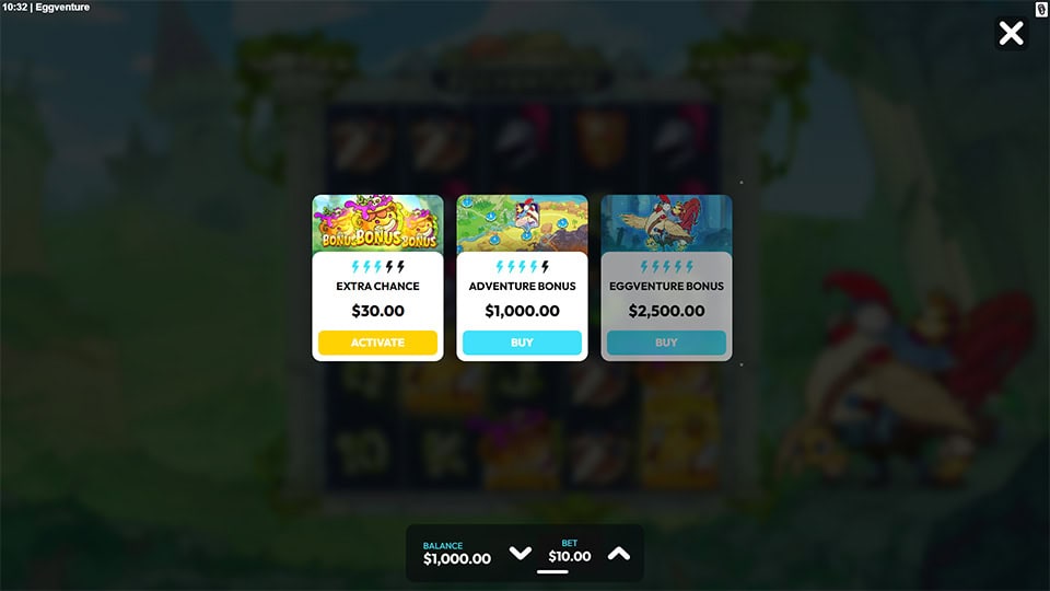 Bonus buy screen in Eggventure slot offering options like Extra Chance, Adventure Bonus, and Eggventure Bonus for direct feature access.
