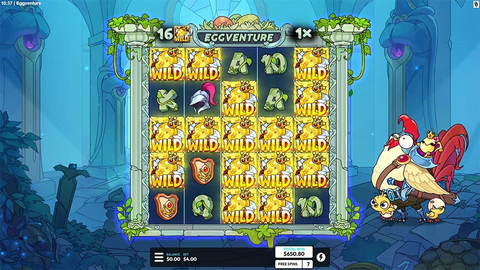 Eggventure bonus round with reels packed with golden WILD symbols, indicating boosted payout potential and active free spins.