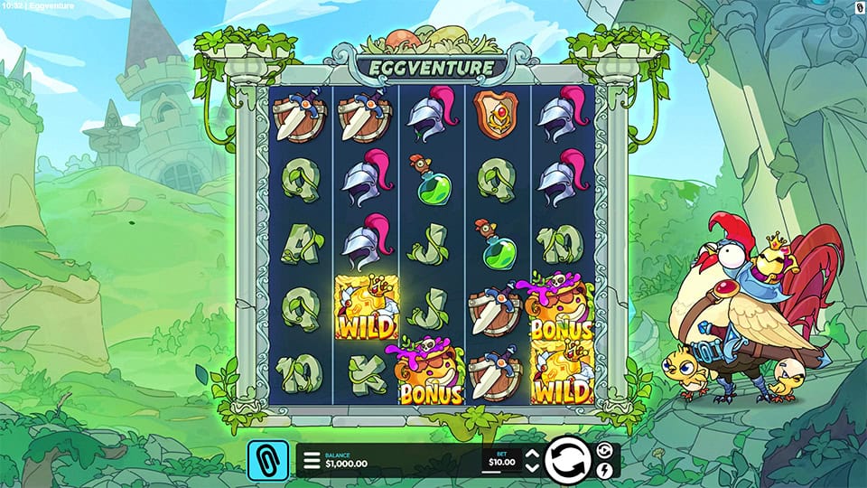 Main game screen of Eggventure slot showing playful symbols like helmets, shields, and potions on a lush forest-themed reel setup.