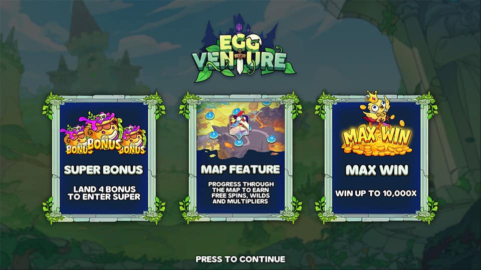 Intro screen of Eggventure slot highlighting features such as Super Bonus, Map Feature, and a max win potential of up to 10,000x.