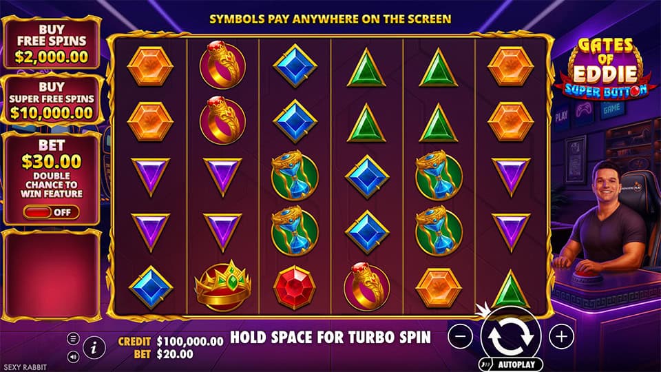 Main game screen with gem symbols, Eddie character on the side, and bonus buy buttons on the left panel.