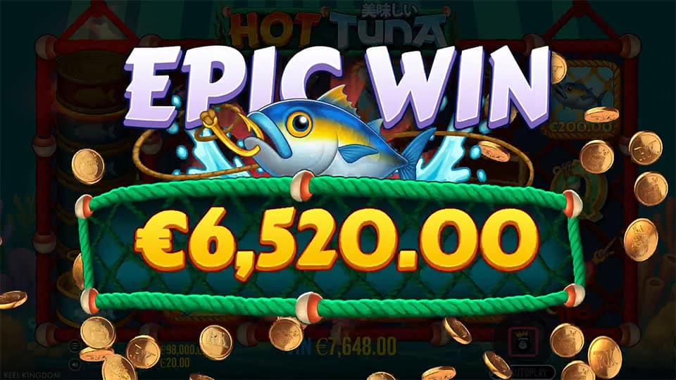 Epic Win screen in Hot Tuna slot with large tuna fish bursting through a green rope banner and gold coins flying across the screen.