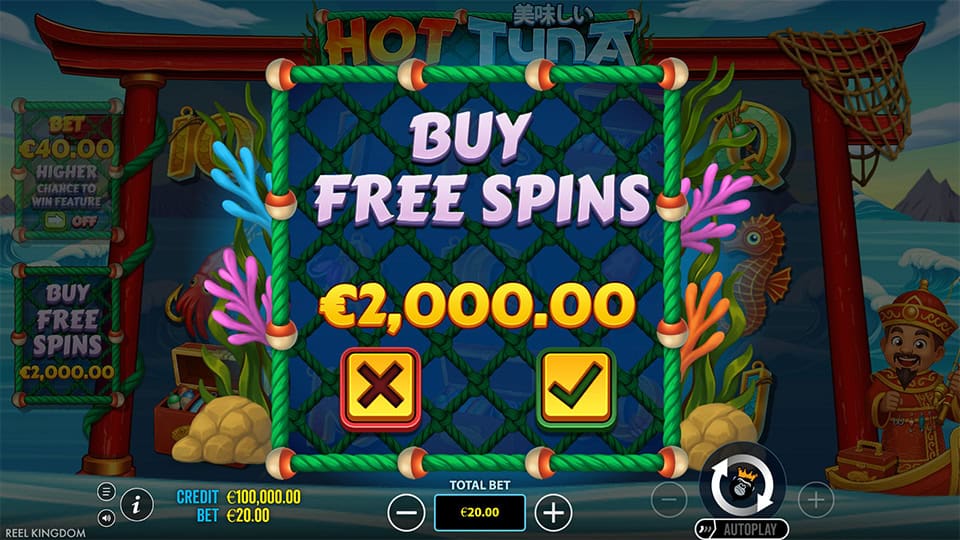 Free spins buy screen in Hot Tuna slot with underwater net frame and coral details, offering direct bonus entry for a fixed price.