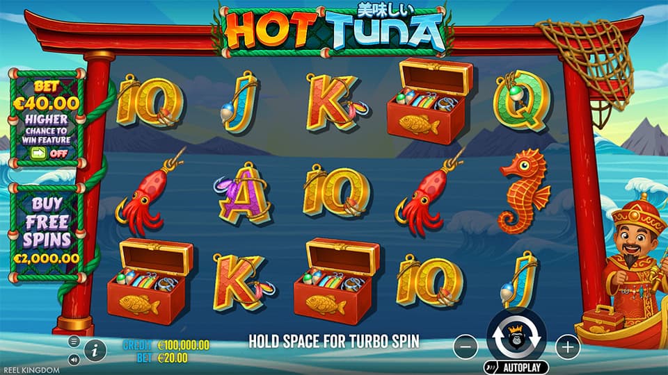 Base game of Hot Tuna slot with vibrant ocean symbols like squids, treasure chests, and sea creatures on a 5x3 grid.