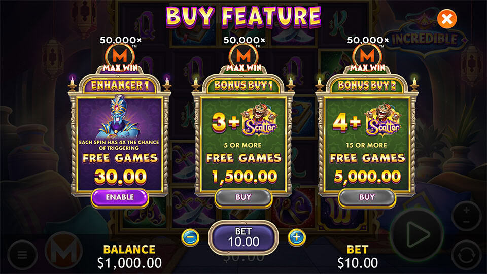 Buy Feature screen in Incredible slot showing options like Enhancer and Bonus Buys with increased free spins trigger chances.